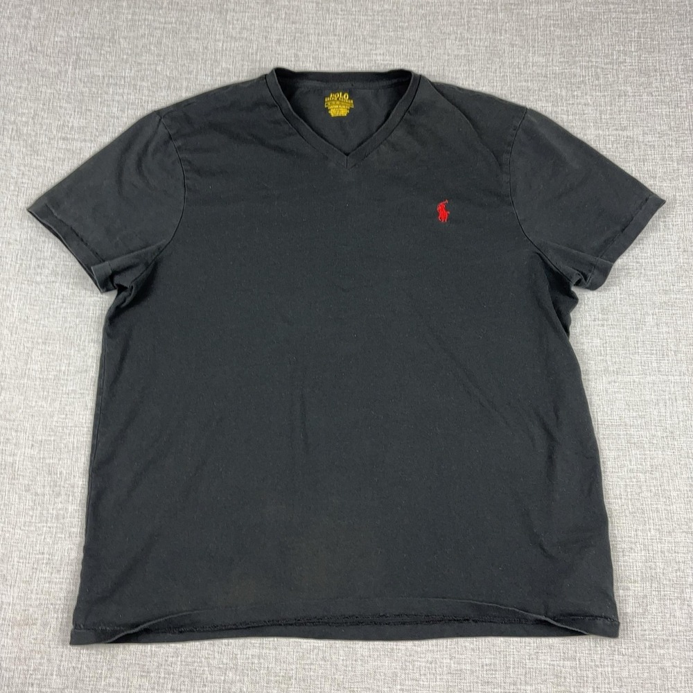 Polo Ralph Lauren Shirt Mens XL Black V Neck Tagless Slim Fit Logo Jersey Tee